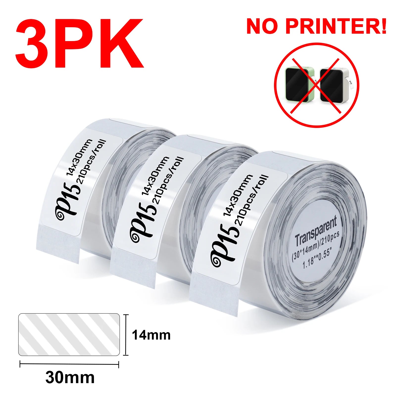 Three rolls of label tape with dimensions and text on a white background