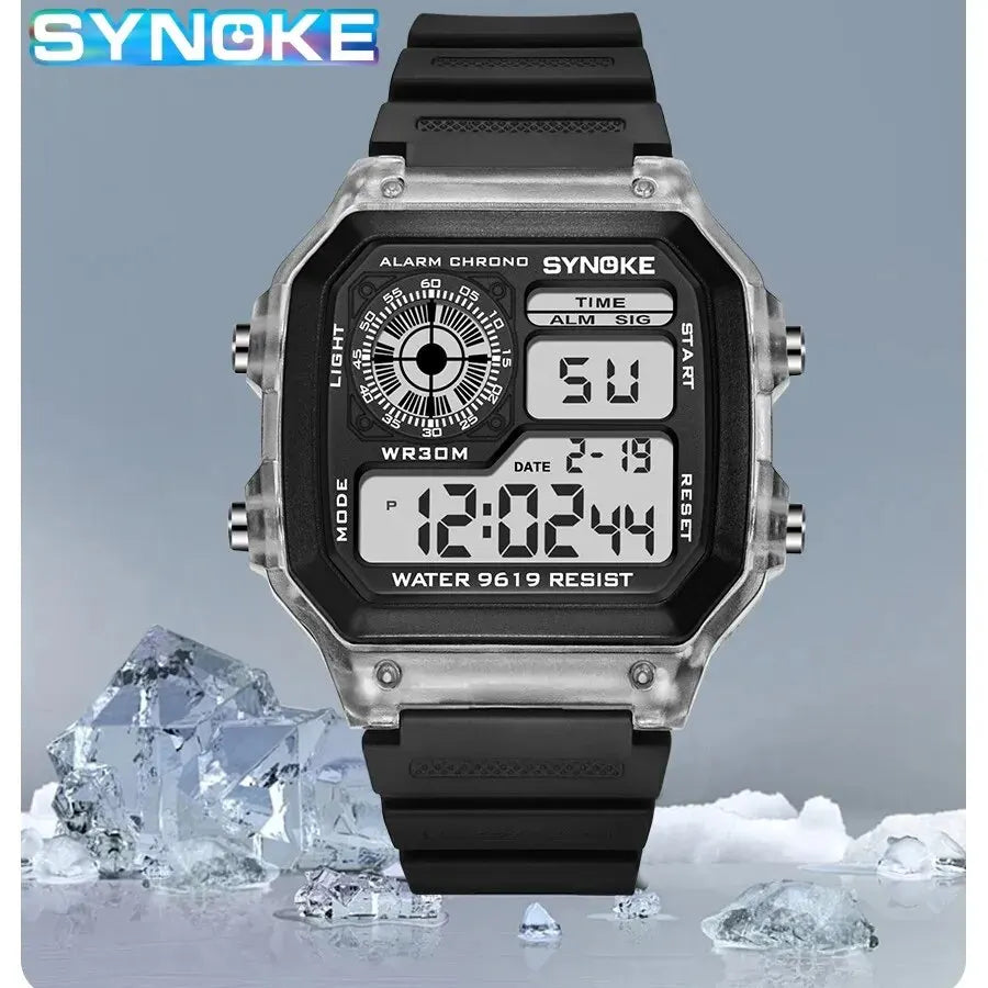 Digital watch with black strap on a gray background, featuring the Synoke brand.