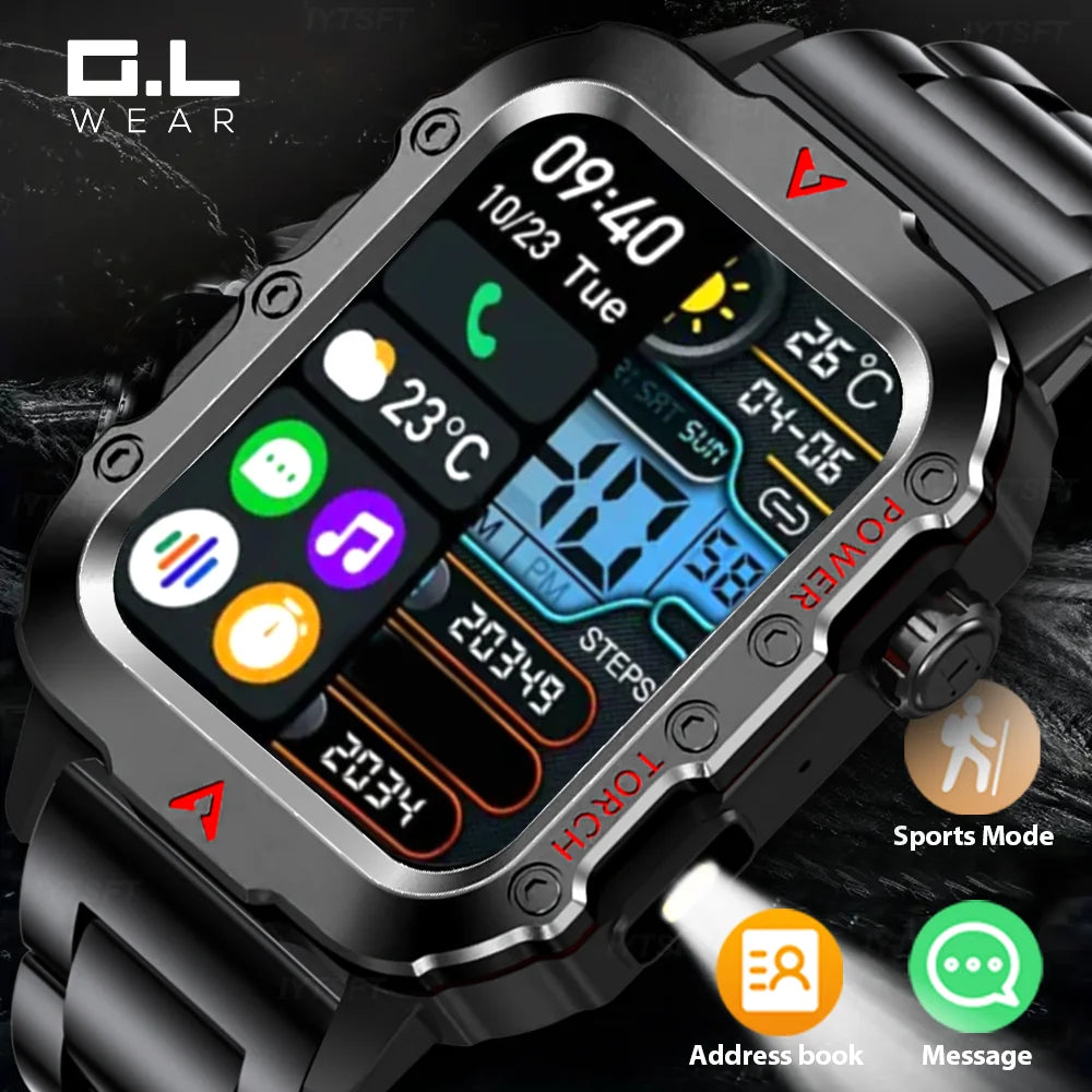 Smartwatch with digital display on a dark background, featuring various icons and text.