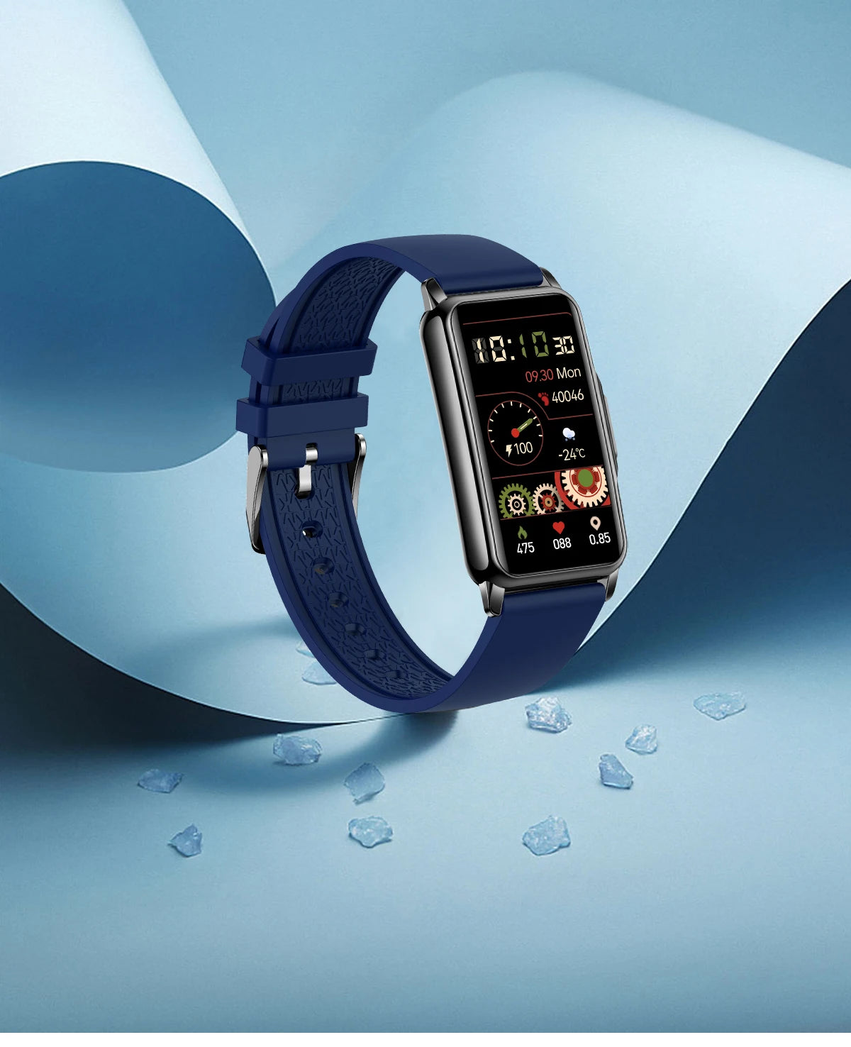 Blue smartwatch on a light blue background with ice crystals