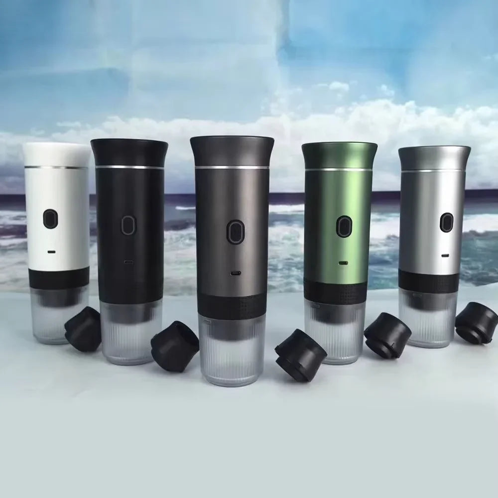 Set of six portable wine coolers with different color options on a beach background