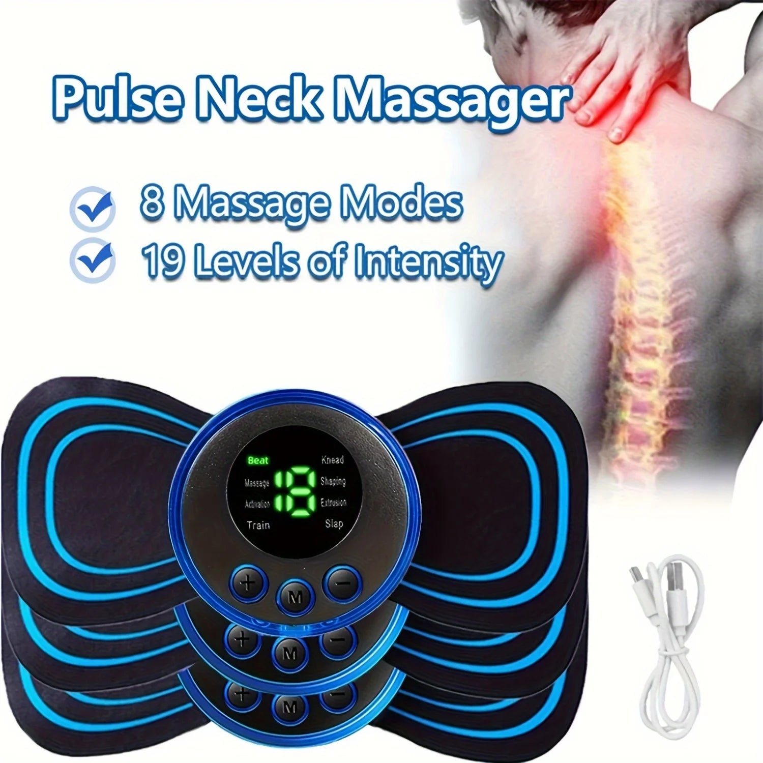 Pulse neck massager with digital display and massage pads, showing 8 massage modes and 19 levels of intensity.