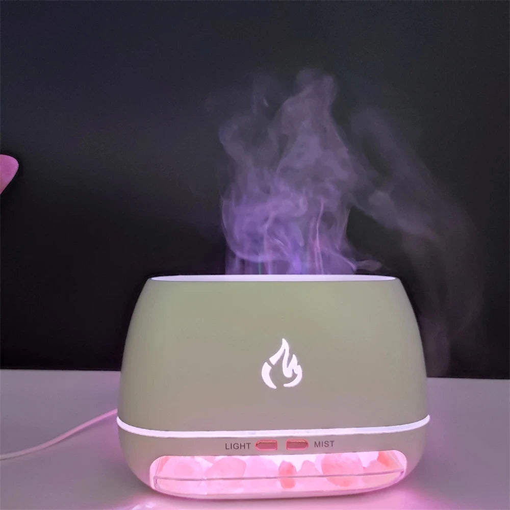 Green humidifier emitting mist on a dark background