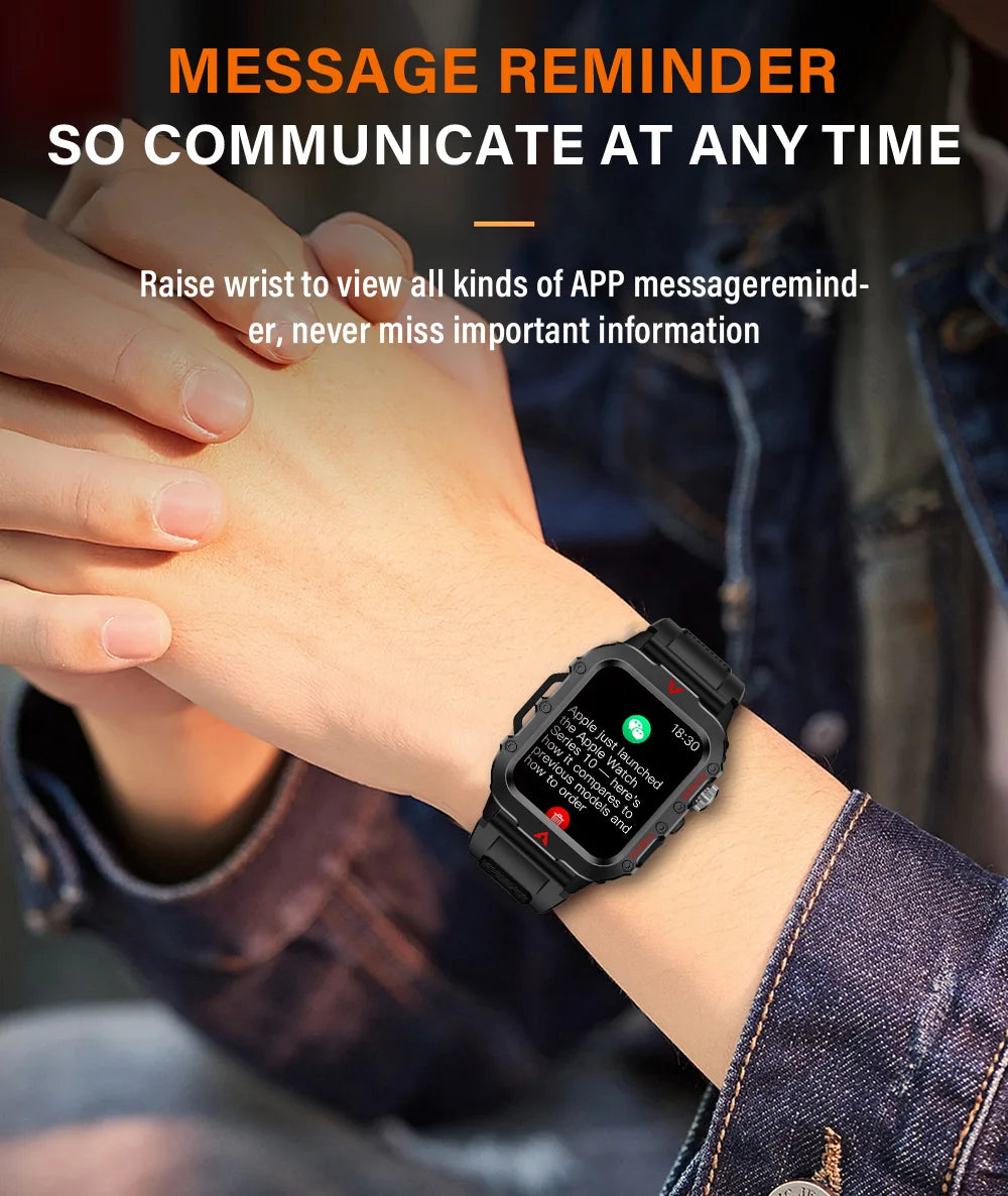 Smartwatch on a wrist with message reminder feature, worn by a person in a denim jacket.