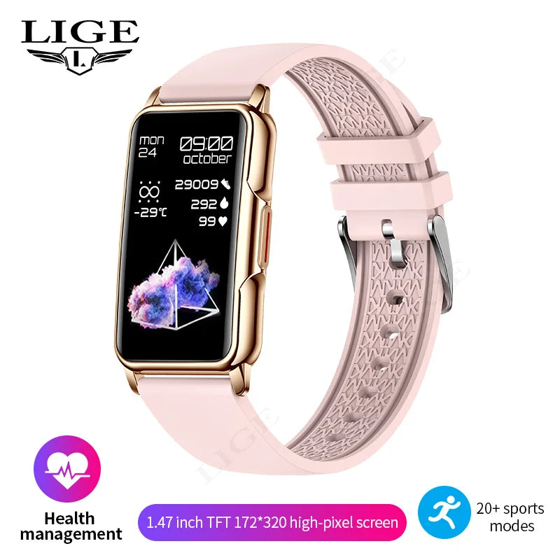Smartwatch with a pink strap on a white background, featuring health management and sports mode icons.