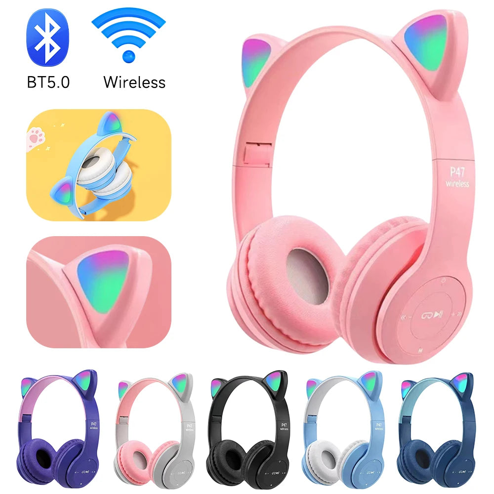 Pink wireless headphones with cat ear design and BT5.0/WiFi icons on a white background.