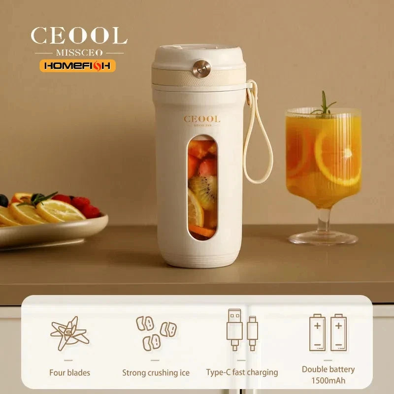 CEOOL blender with fruits inside next to a glass of juice on a table.