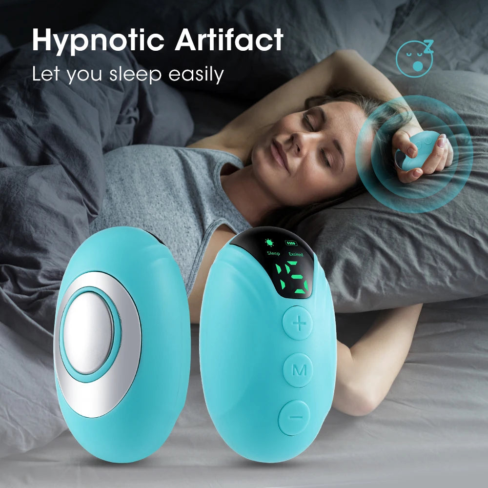 Woman lying in bed with two blue electronic devices labeled 'Hypnotic Artifact' next to her.
