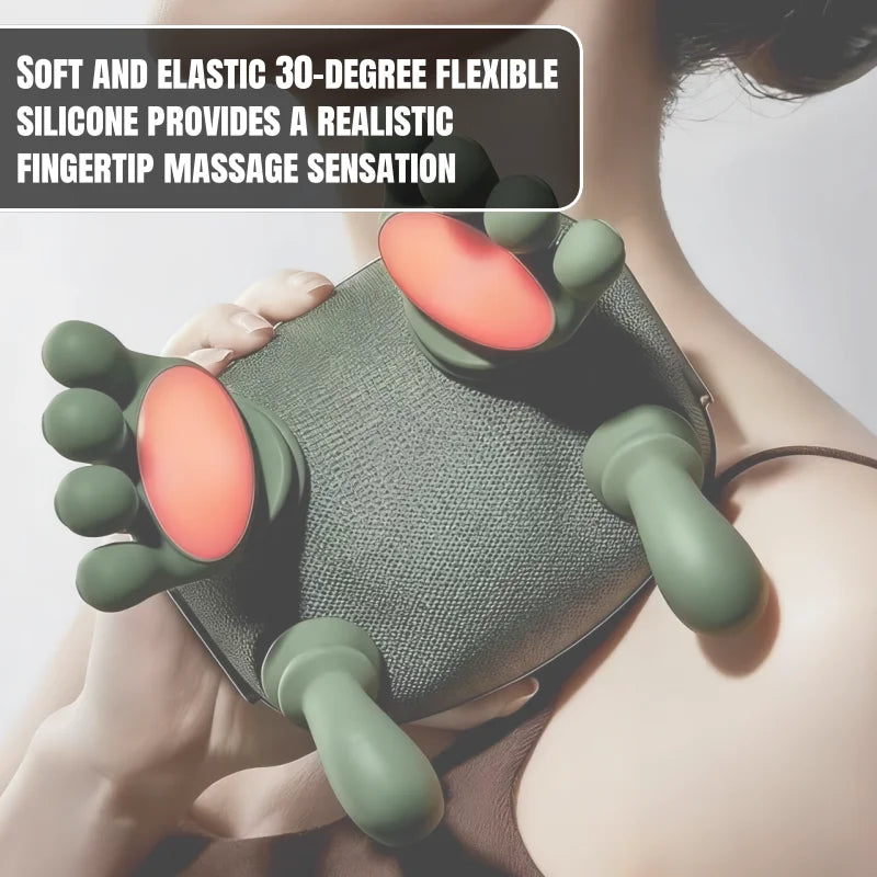 Massage roller with textured handles held by a person, text about silicone material.