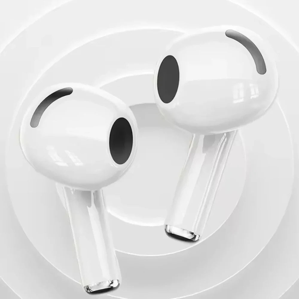 White wireless earbuds on a light gray background