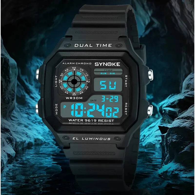 Digital watch with black strap and blue digital display on a dark background