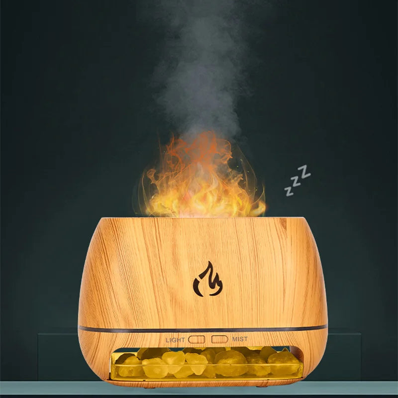 Wooden diffuser with flame design and steam on a dark background