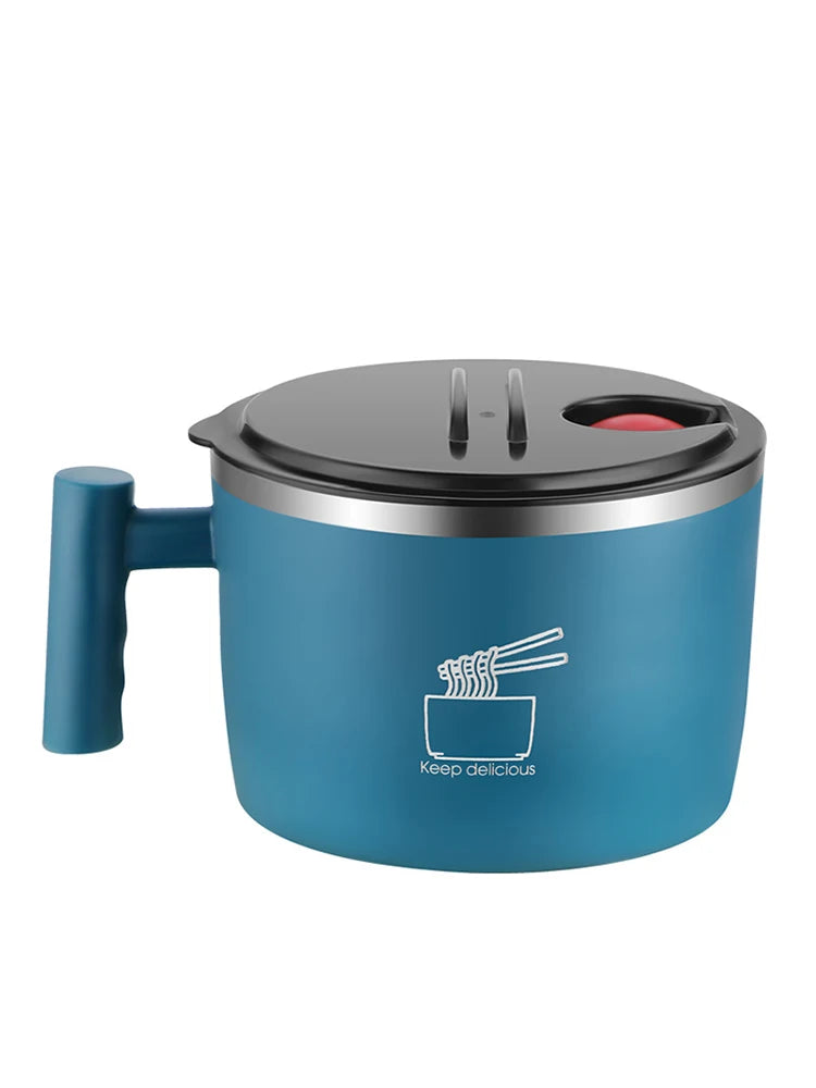 Blue thermos with a black lid on a white background