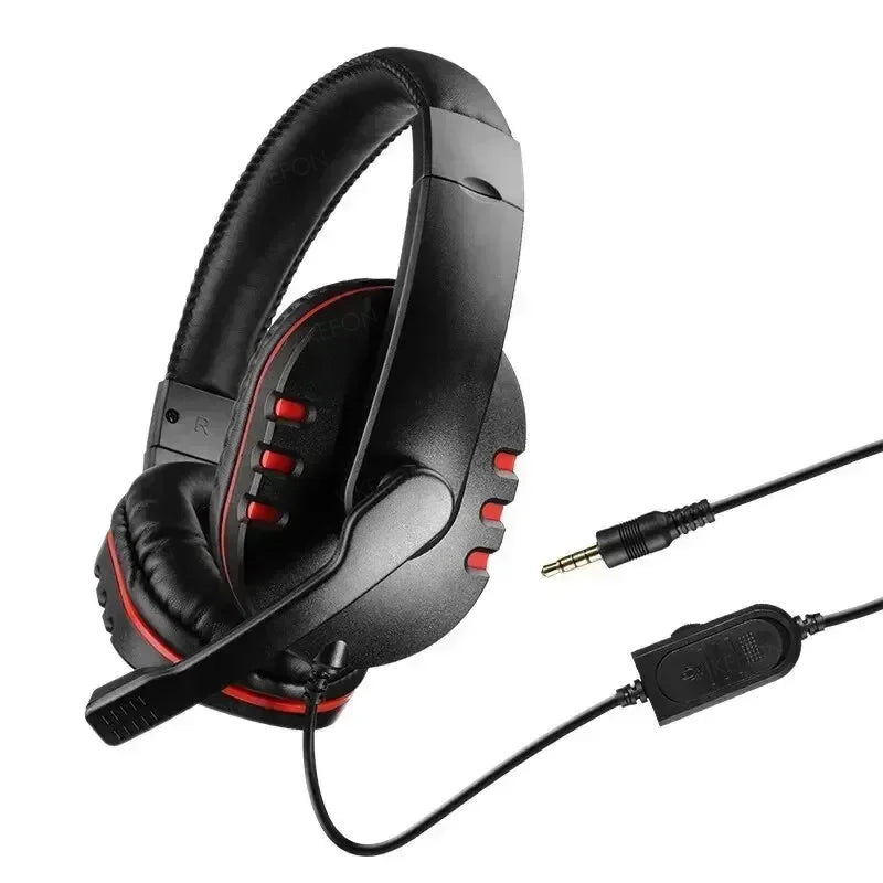 Black gaming headset with red accents and microphone on a white background