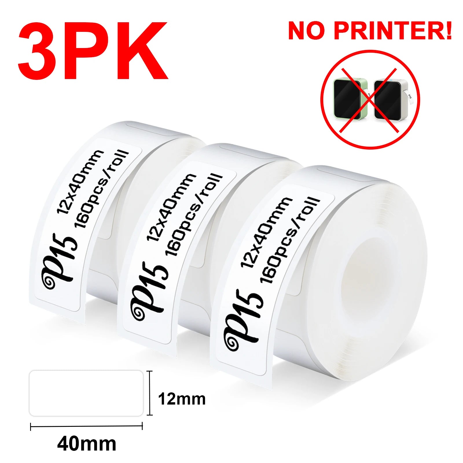 Three rolls of labels with dimensions and '3PK' text on a white background