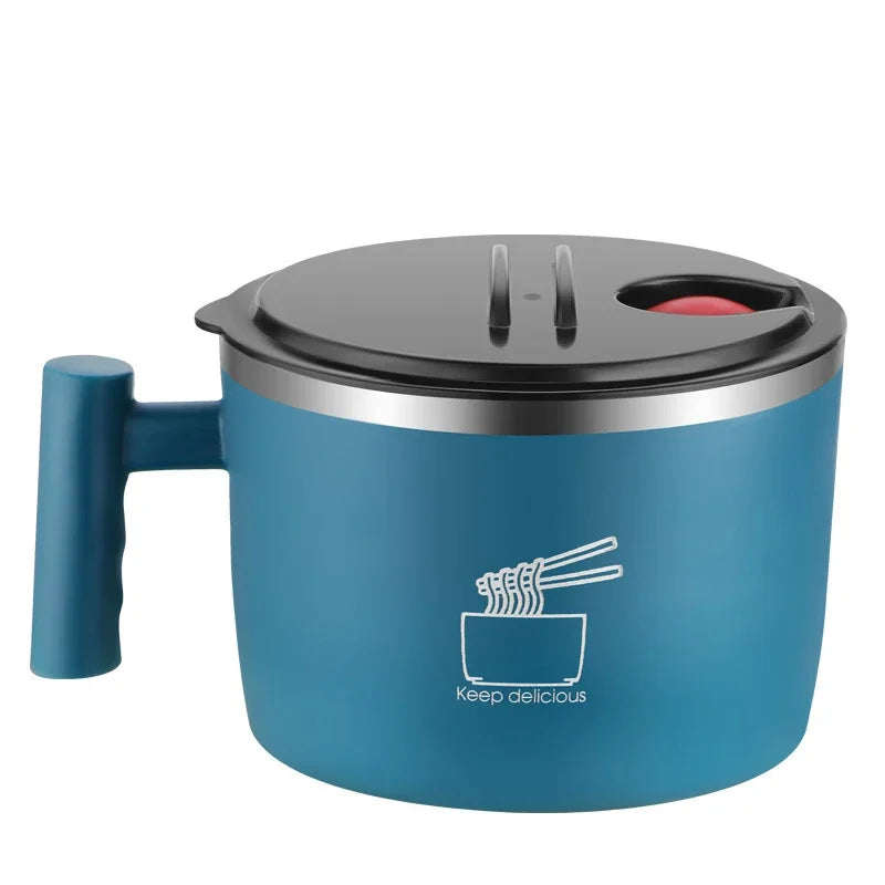 Blue thermos with a black lid and handle on a white background