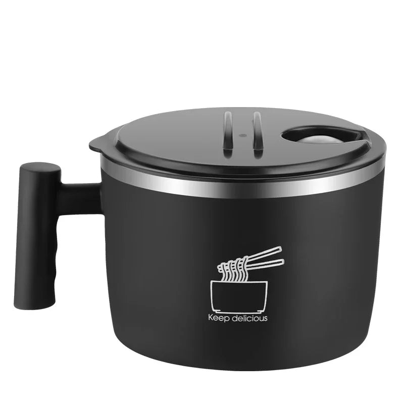 Black thermal food container with lid and handle on a white background