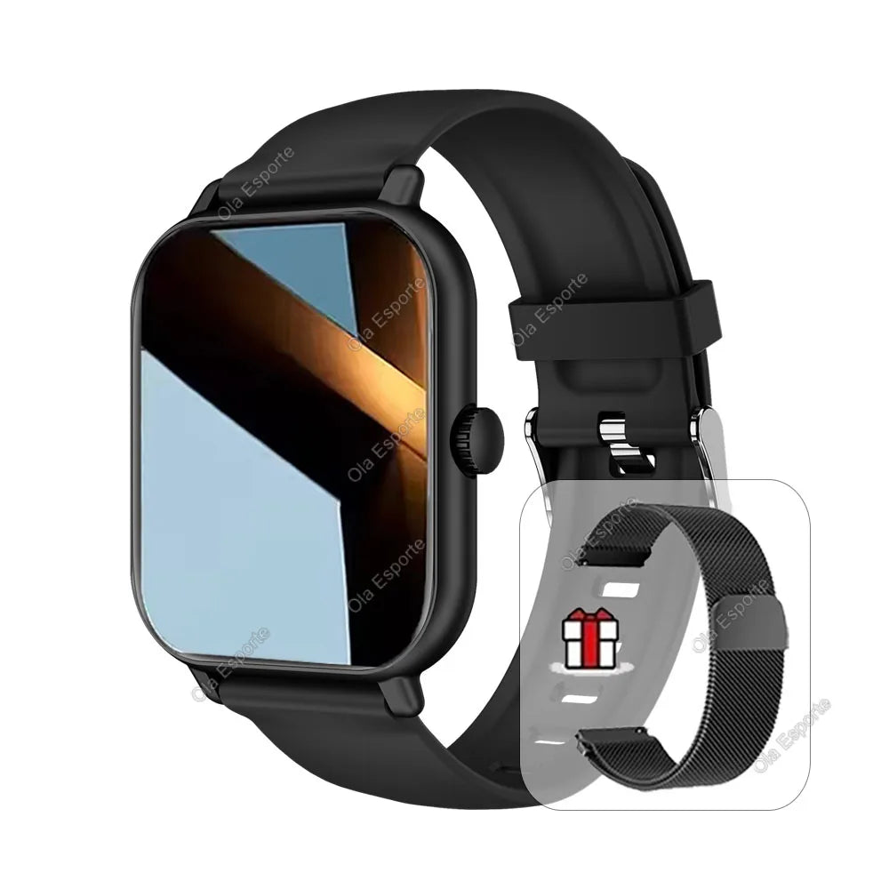 Black smartwatch with a clear protective film on a white background
