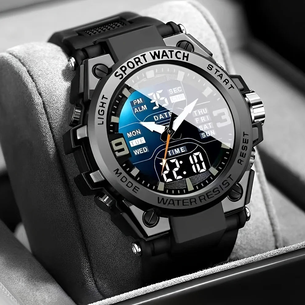 Black digital sports watch with detailed display on a gray surface