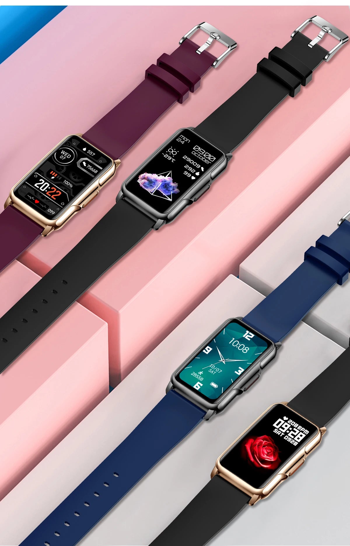 Smartwatches with different colored bands on a pink and gray geometric background