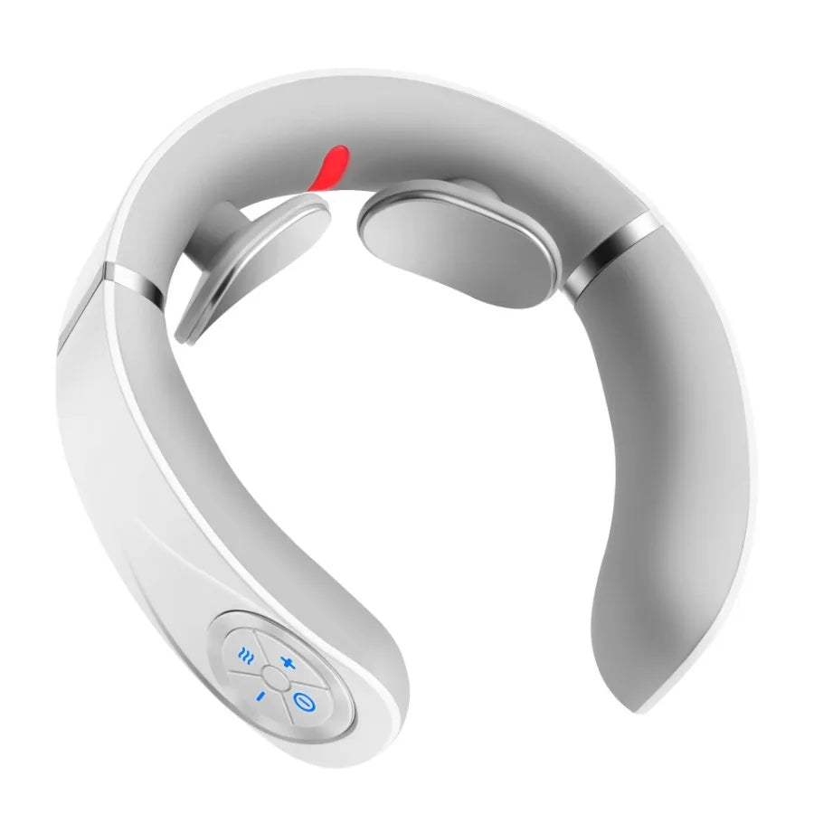 Silver neckband with control buttons on a white background