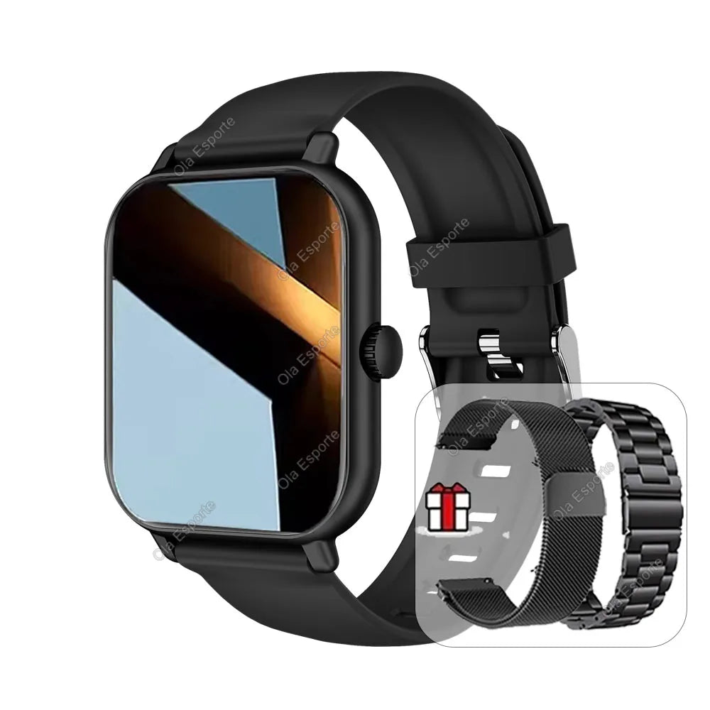 Black smartwatch with additional metal band on a white background