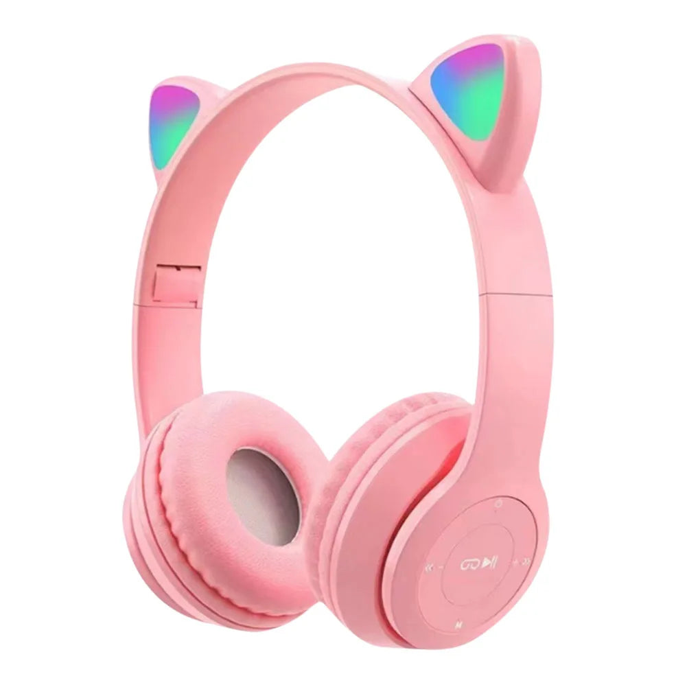 Pink headphones with cat ear design on a white background