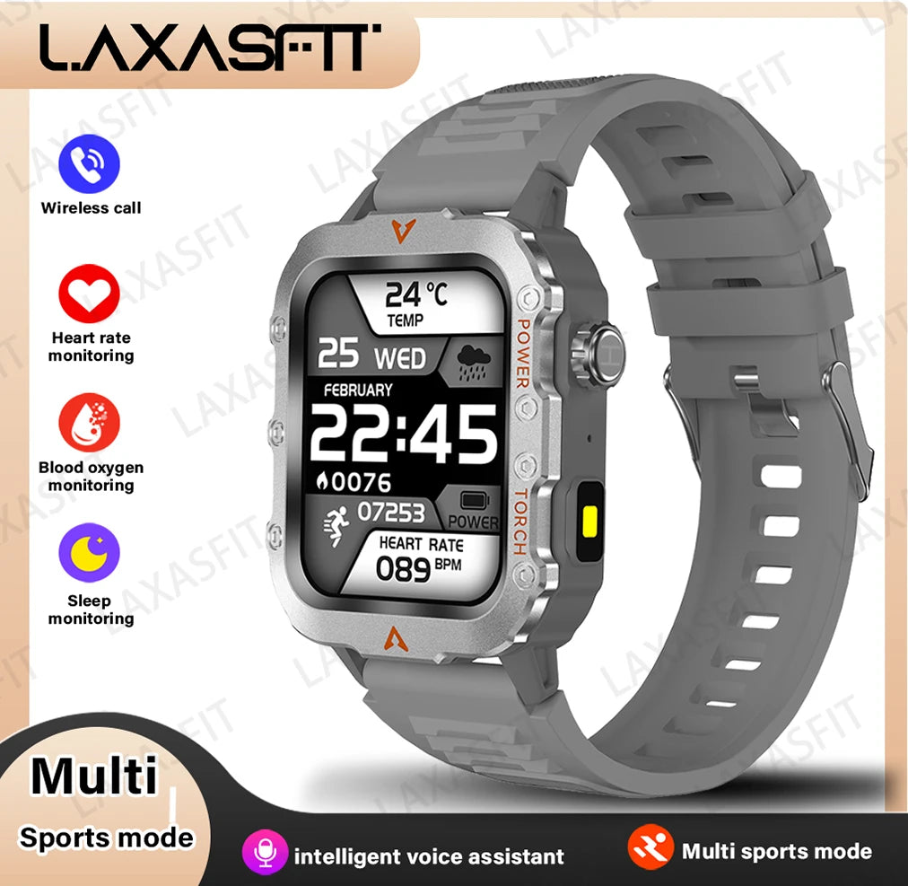 Smartwatch with gray band on a light beige background, featuring LAXASFTI branding.