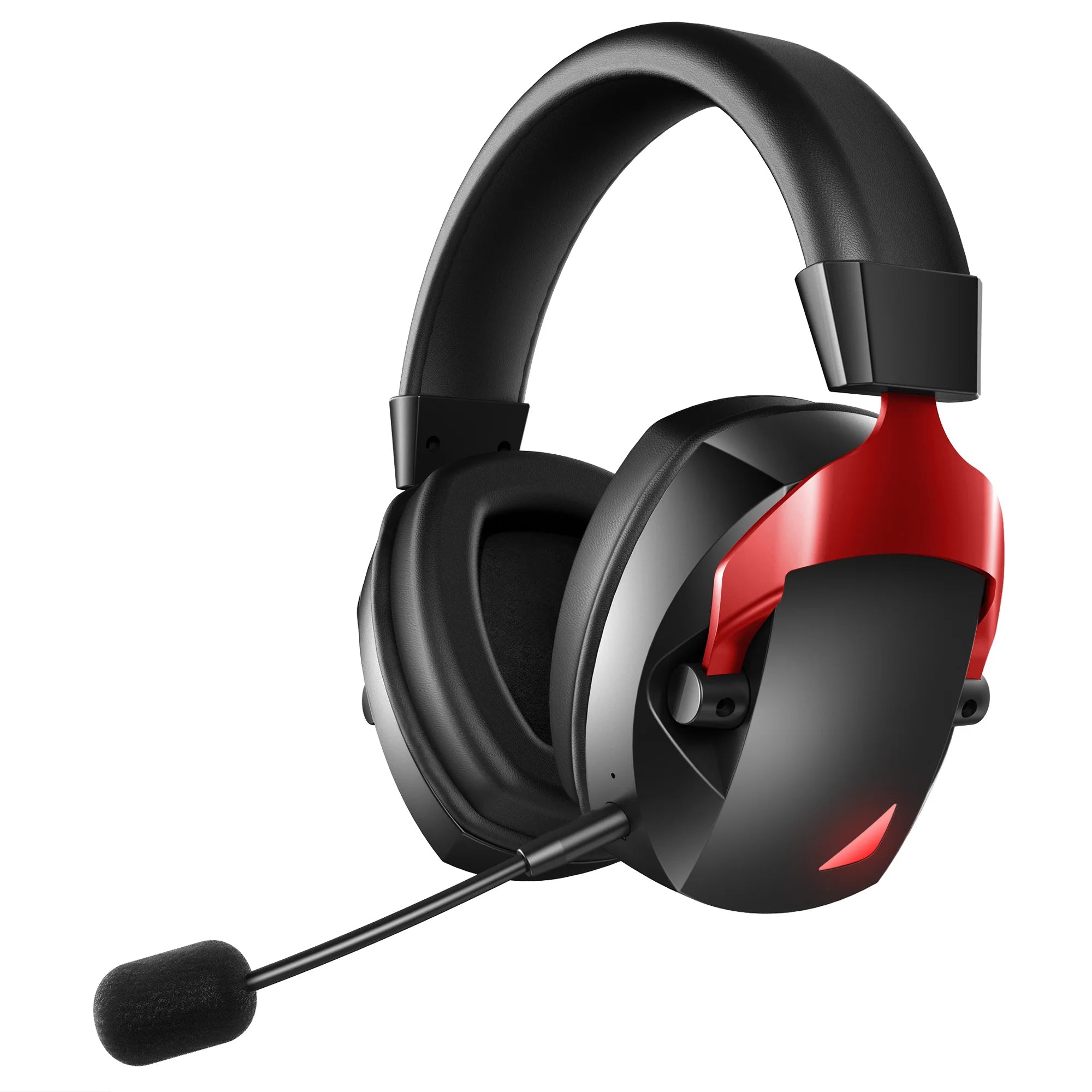 Black and red gaming headset with microphone on a white background