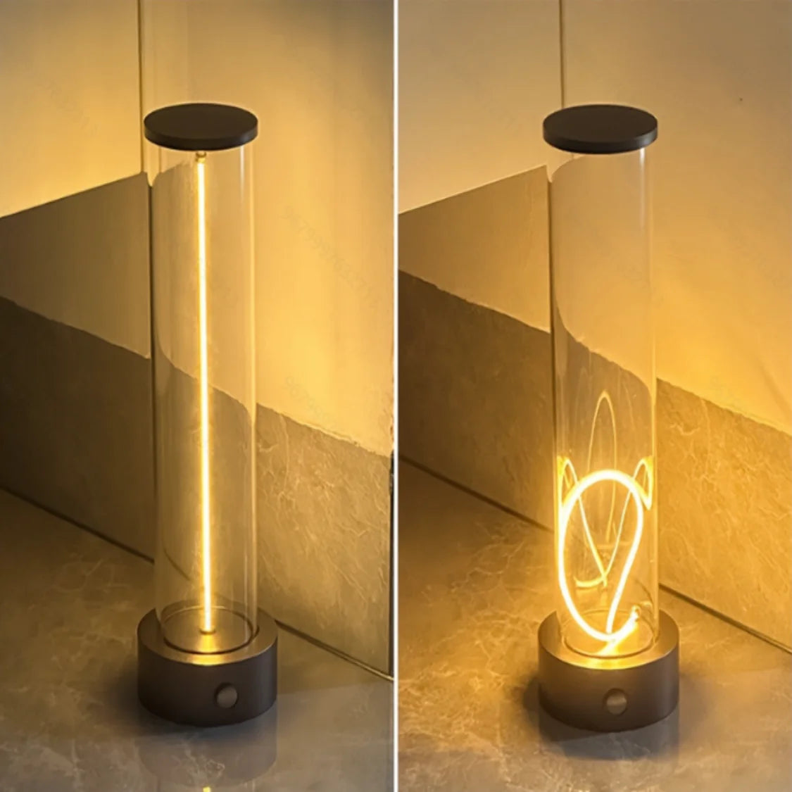 Decorative lamp with glowing design inside a transparent cylindrical container on a reflective surface.