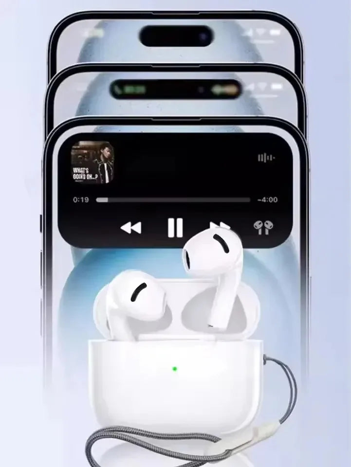 Wireless earbuds in a charging case with a smartphone displaying an audio app interface.