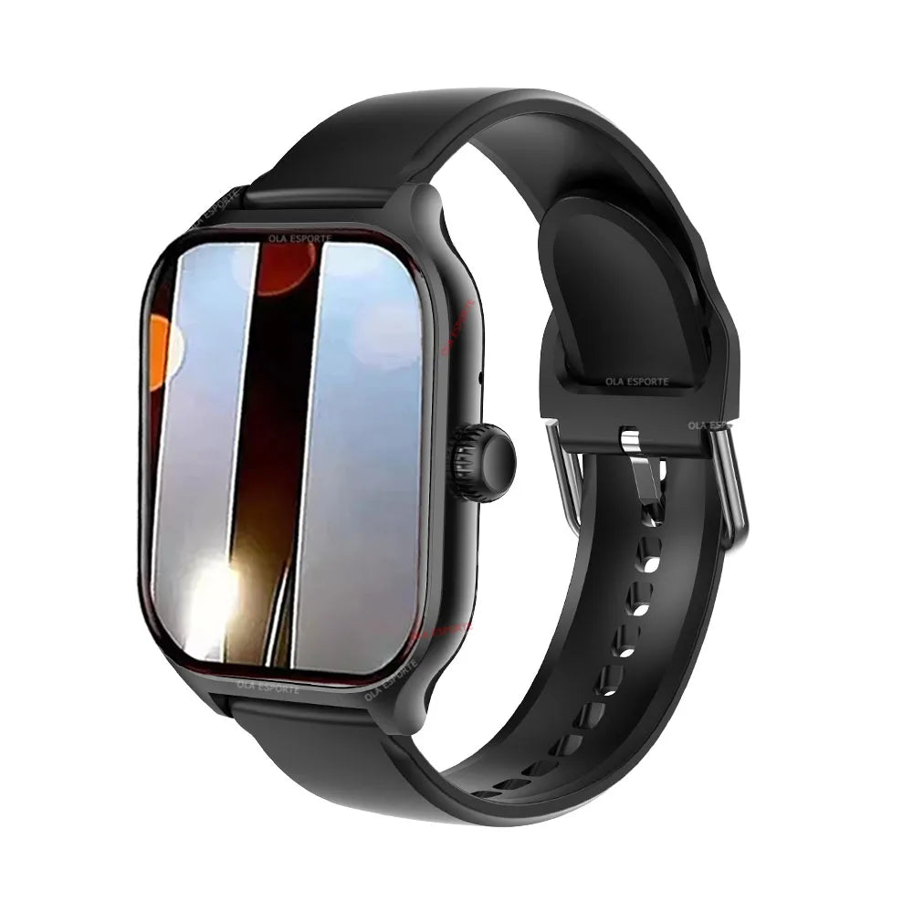 Black smartwatch with reflective screen on a white background