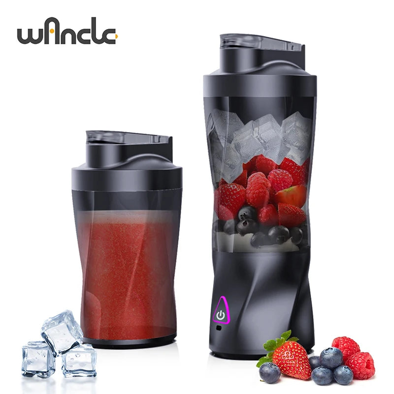 Two black shakers with red liquid and berries, surrounded by ice cubes and fruits on a white background.