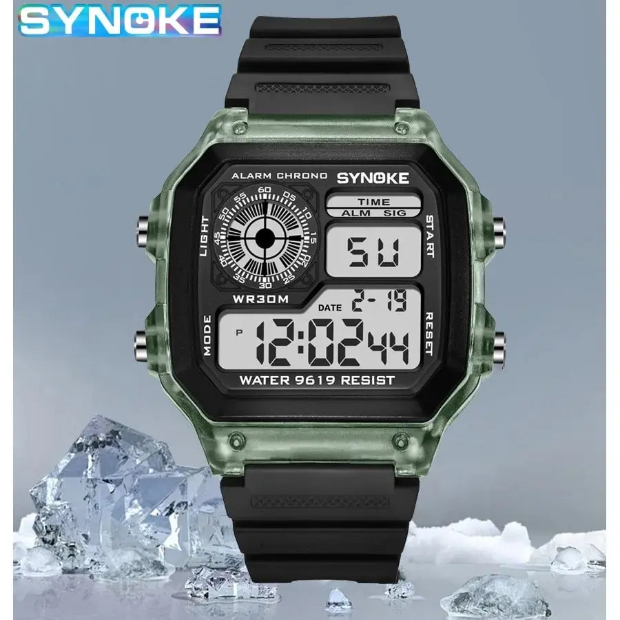 SYNOKE digital watch with green case and black strap on a gray background