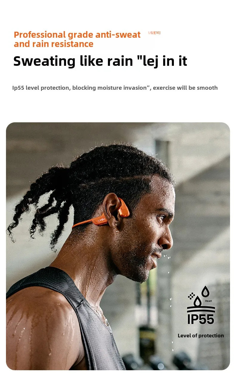 Man wearing earbuds with a product advertisement for sweat and rain resistance on a white background.