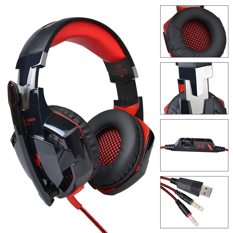 Black and red gaming headset with close-up details on a white background