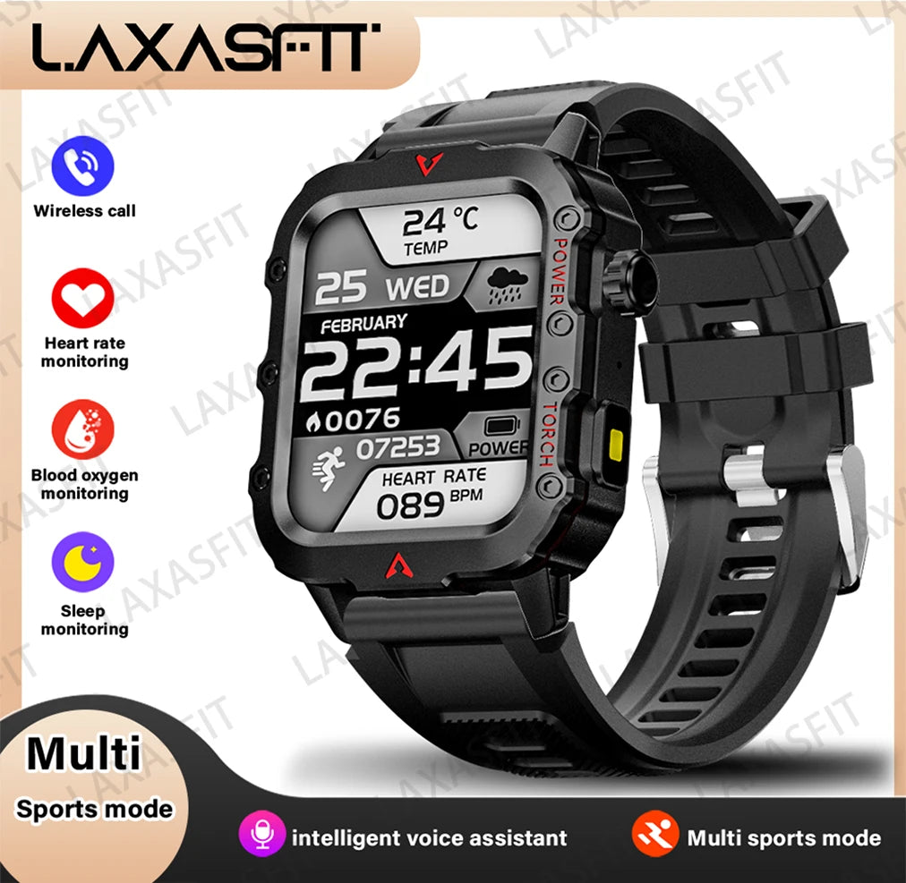 Black smartwatch with digital display on a beige background, featuring LAXASFIT branding.