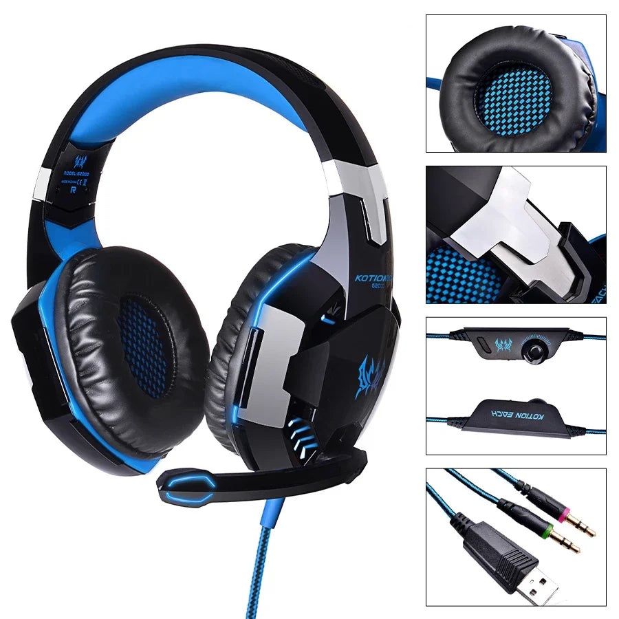 Gaming headset with microphone and USB cable on a white background