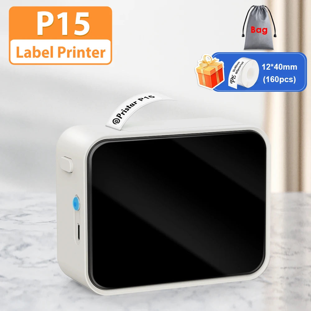 P15 label printer with a label and packaging on a light gray background