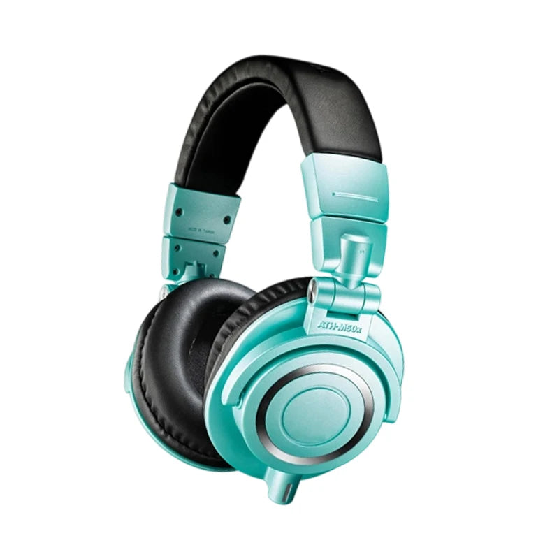 Turquoise headphones with black accents on a white background