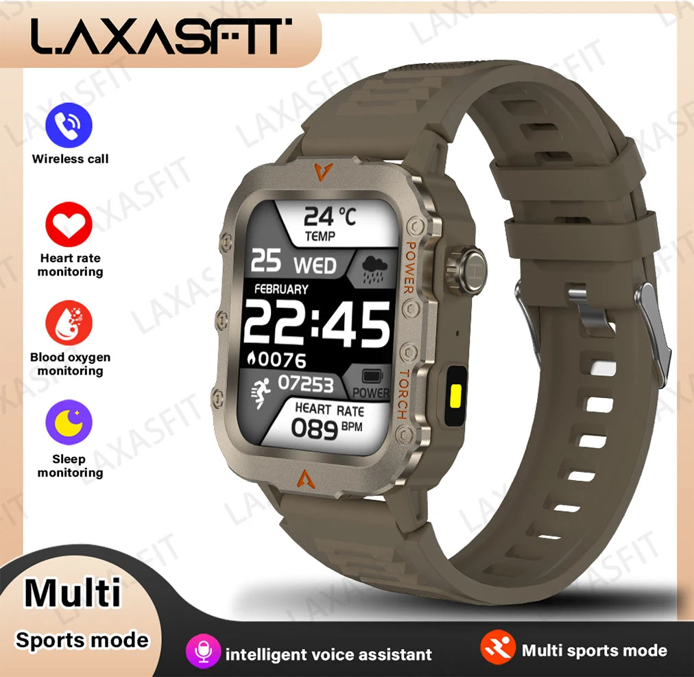 Smartwatch with features like wireless call, heart rate monitoring, and blood oxygen monitoring on a beige background.