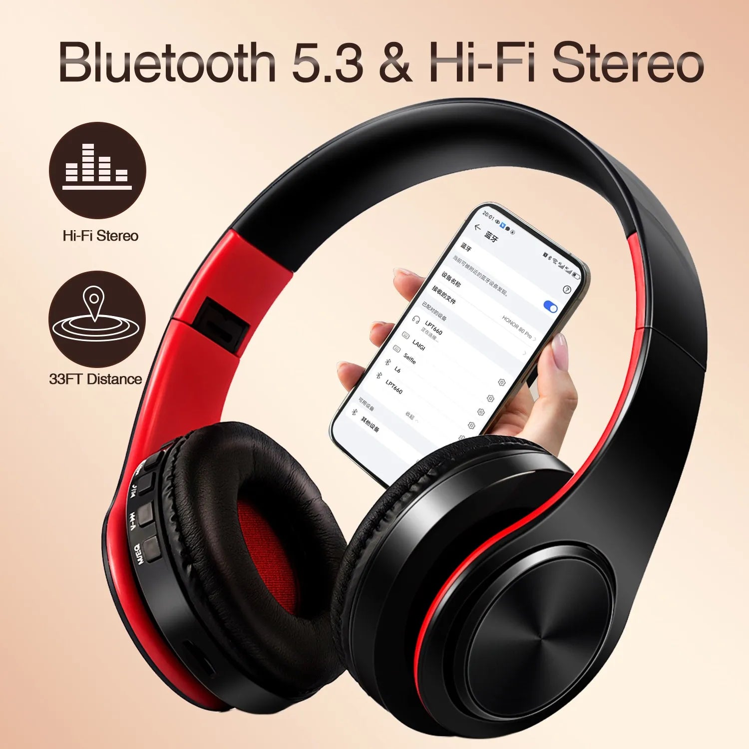 Black and red wireless headphones with a smartphone showing Bluetooth connection on a beige background