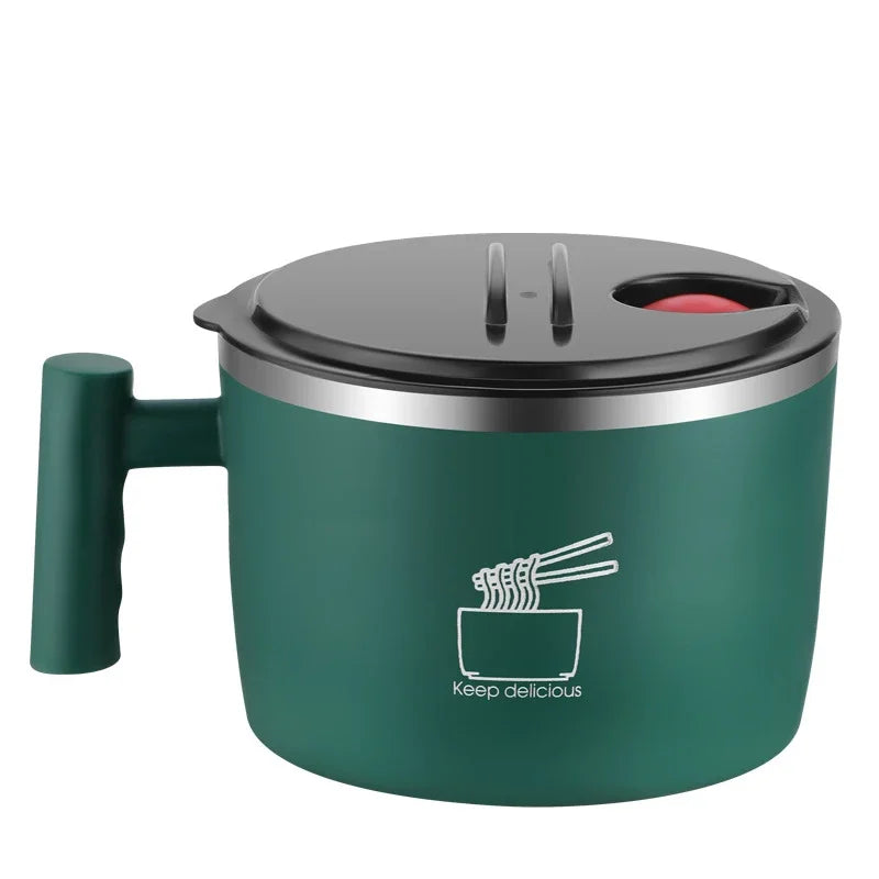 Green thermos with a lid and handle on a white background