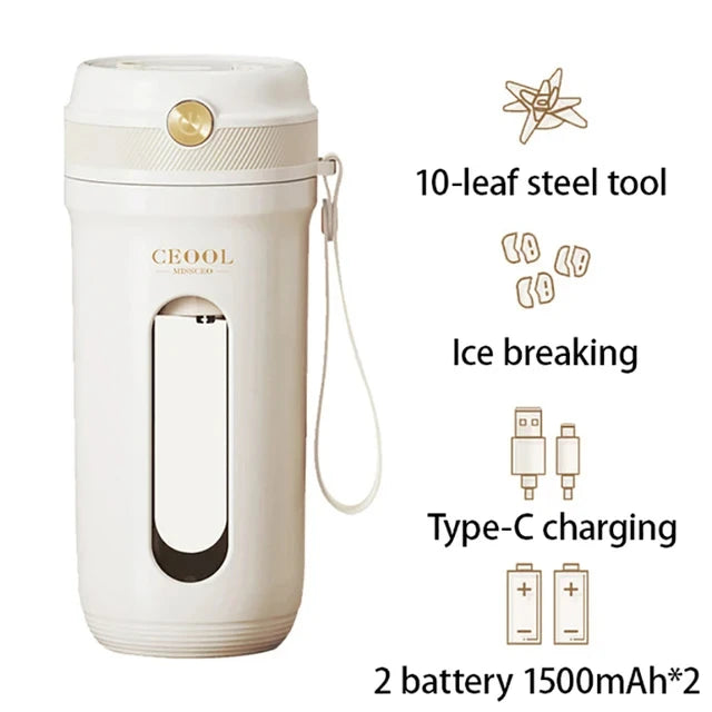 White travel mug with a 10-leaf steel tool, ice breaker, Type-C charging, and two 1500mAh batteries on a white background.