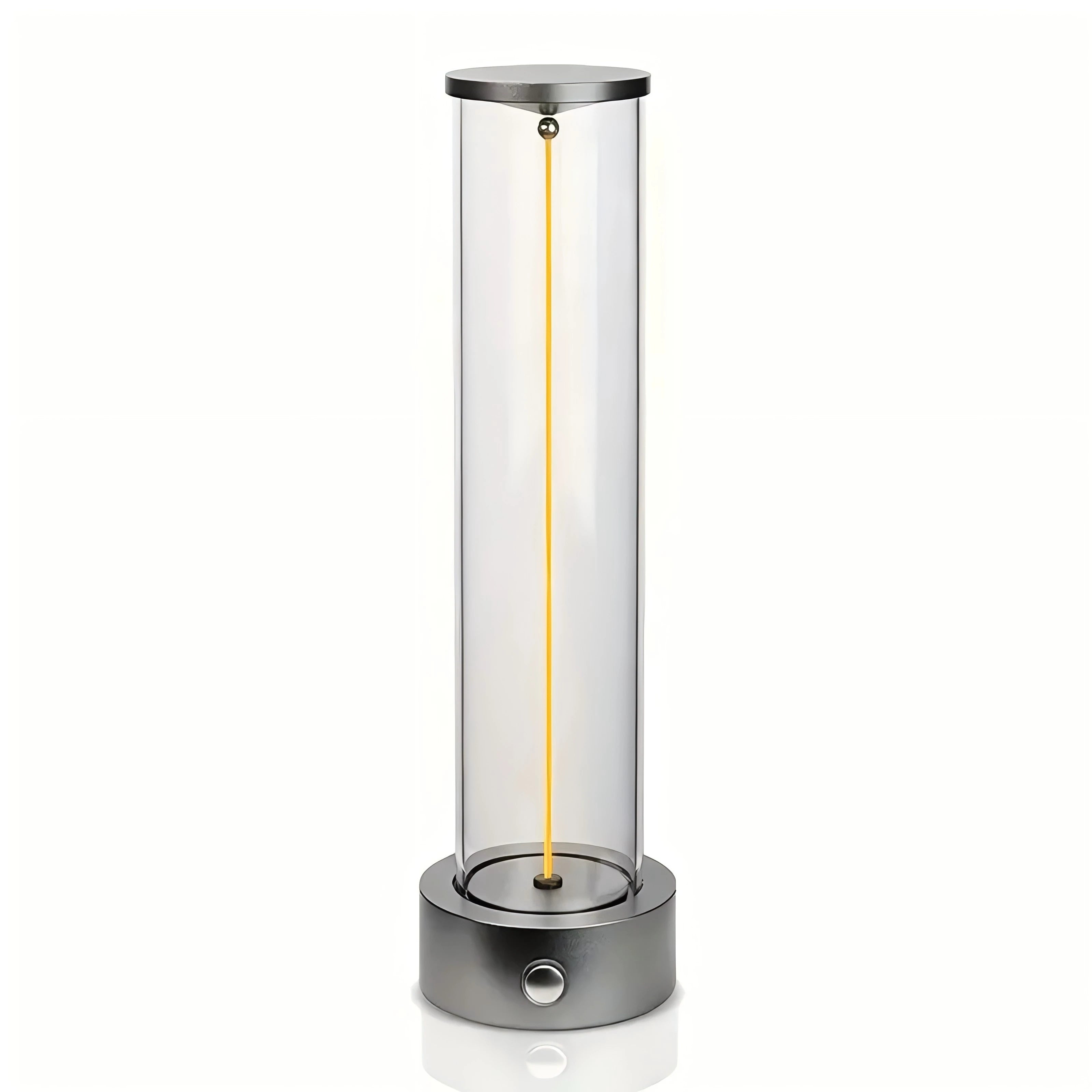 Modern outdoor lamp with clear cylindrical glass shade on a white background