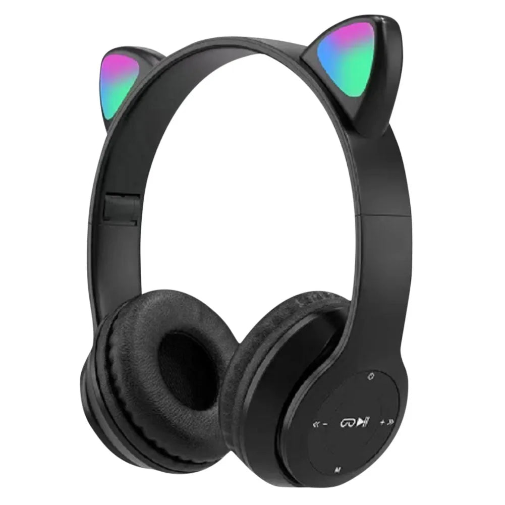 Black headphones with cat ear design and colorful LED lights on a white background
