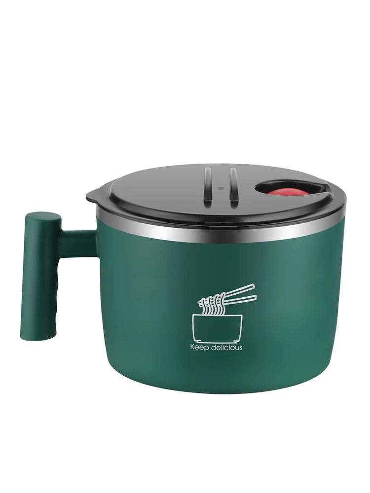 Green thermos mug with black lid on a white background