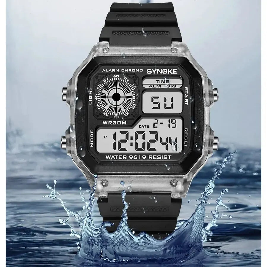 Digital watch with water resistance feature, splashing water effect