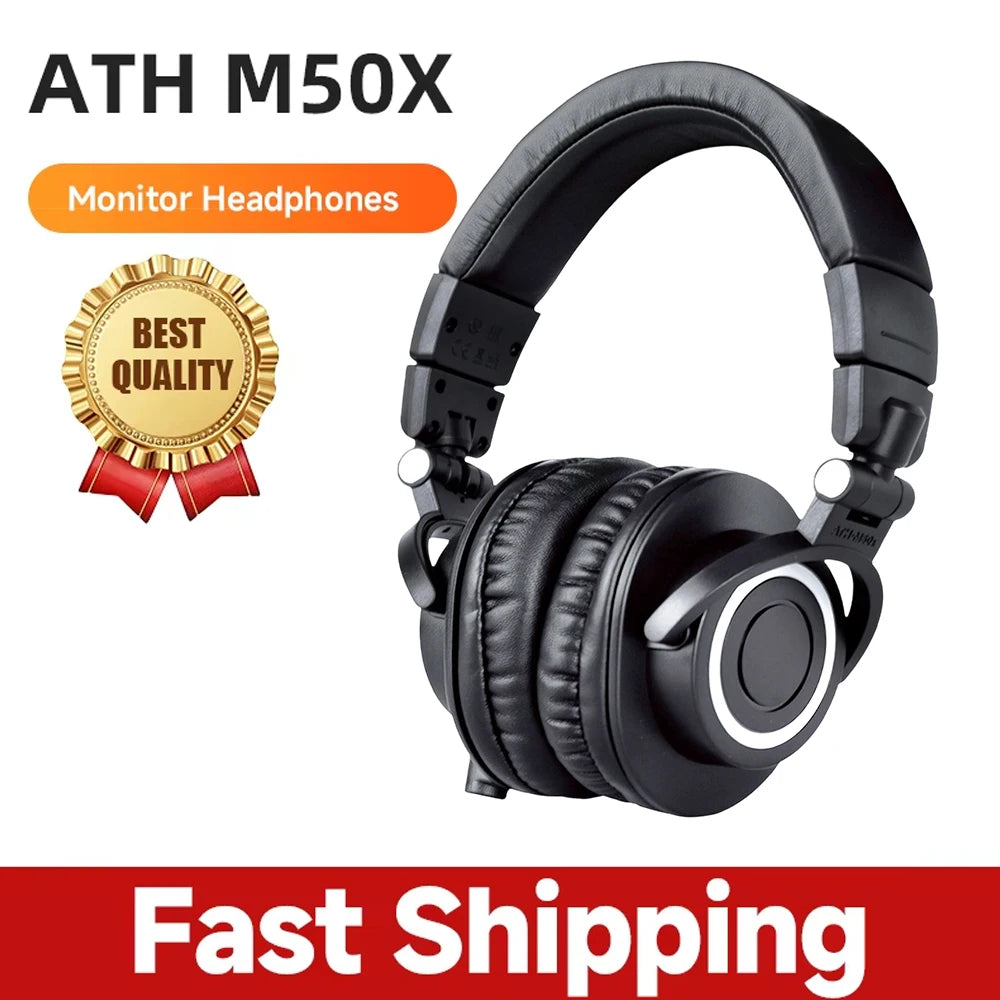 Black headphones with 'ATH M50X' branding and a 'Best Quality' award on a white background.