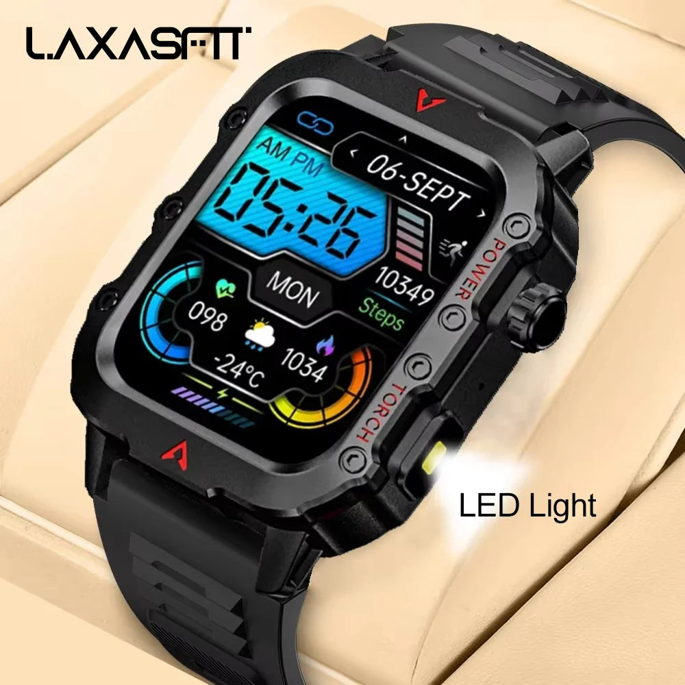 Black digital watch with LED light feature on a beige background